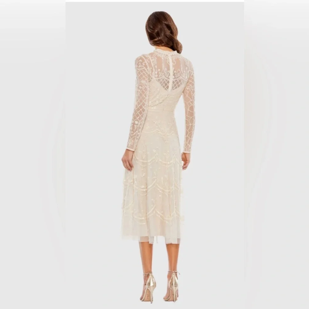 NWT | Mac Duggal Nude Sequined High Neck Long Sleeve Midi Dress Size 16 - Picture 3 of 13